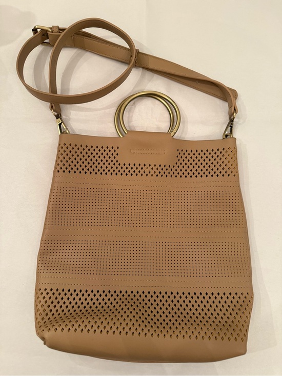 Anthropologie Handbags - Anthropologie Tan Perforated Ring Handle Crossbody Bag - Vegan Leather Tote